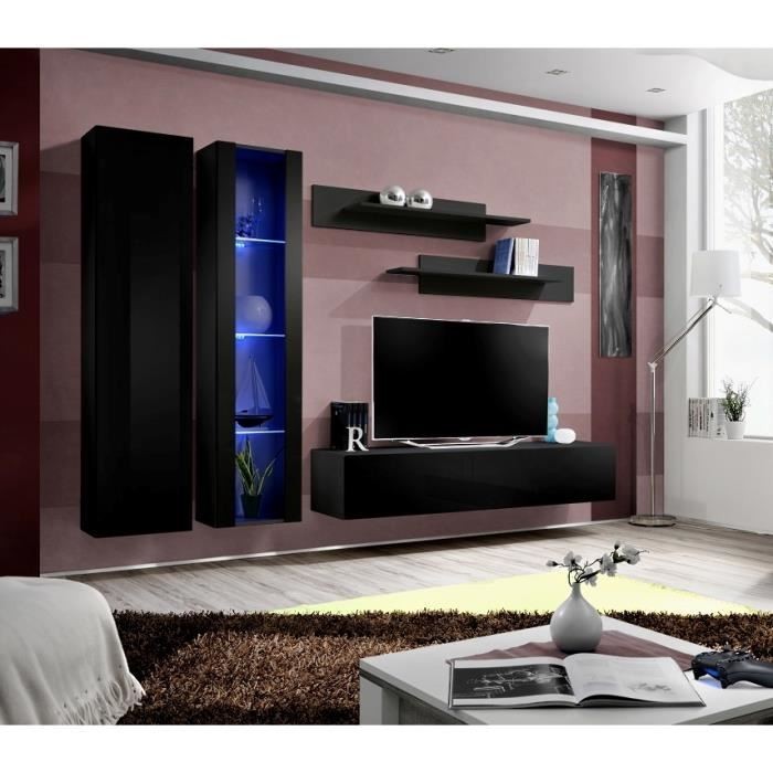 Meuble TV FLY A4 design, coloris noir brillant + LED. Meuble suspendu moderne et tendance pour votre salon