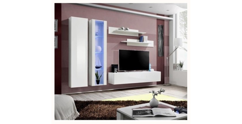 Meuble TV FLY A4 design, coloris blanc brillant + LED. Meuble suspendu moderne et tendance pour votre salon.
