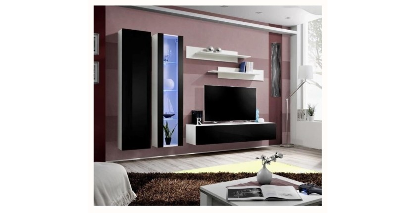 Meuble TV FLY A4 design, coloris blanc et noir brillant + LED. Meuble suspendu moderne et tendance pour votre salon