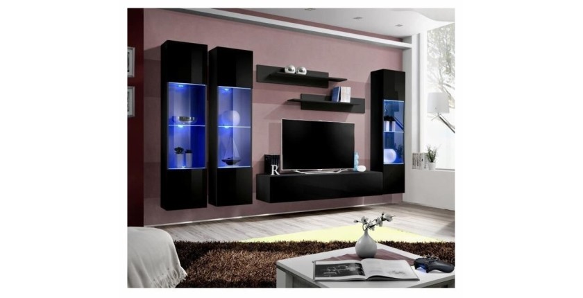 Meuble TV FLY C3 design, coloris noir brillant. Meuble suspendu moderne et tendance pour votre salon.