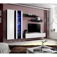 Meuble TV FLY A4 design, coloris noir et blanc brillant + LED. Meuble suspendu moderne et tendance pour votre salon.