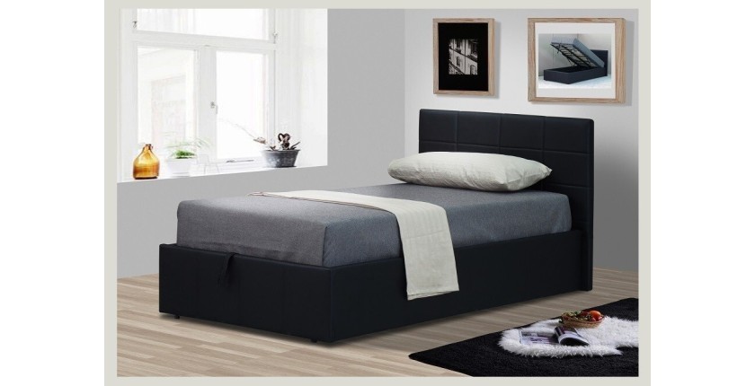 Lit CHANEL 90x200 cm avec coffre de rangement en simili cuir et coloris noir. Sommier inclus.