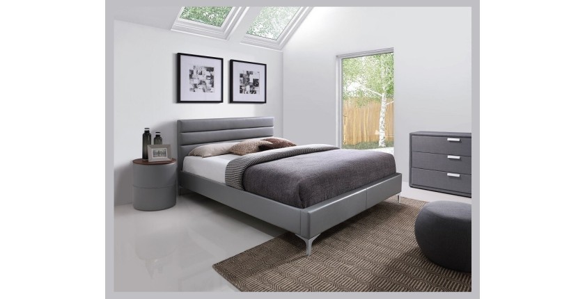 Lit THOMAS 160x200 cm en simili cuir, coloris gris, sommier inclus