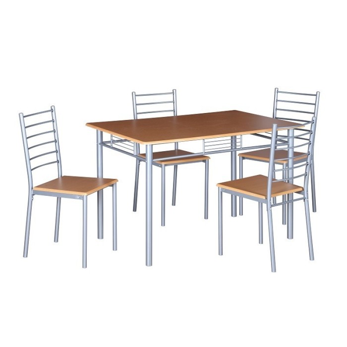Table de cuisine et salle à manger + 4 chaises ANKARA coloris bois nature. Ensemble repas design métal et bois