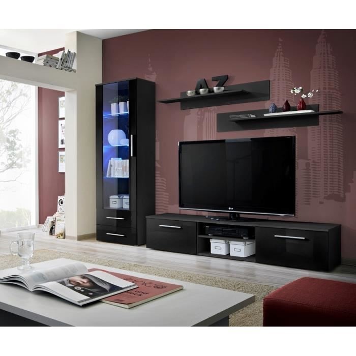 Ensemble Meuble TV GALINO A design, coloris noir brillant. Meuble moderne et tendance pour votre salon.
