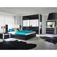 Ensemble design pour chambre à coucher LINA noir. Lit + 2 chevets avec LED + commode avec LED