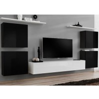 Ensemble meuble salon SWITCH IV design, coloris blanc et noir brillant.