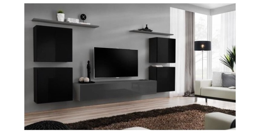Ensemble meuble salon SWITCH IV design, coloris gris et noir brillant.