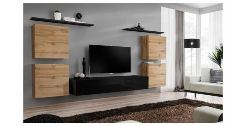Ensemble meuble salon SWITCH IV design, coloris noir brillant et chêne Wotan.