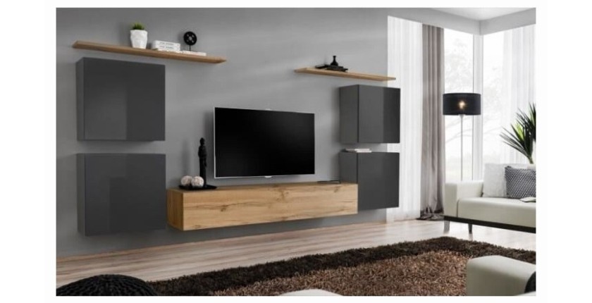 Ensemble meuble salon SWITCH IV design, coloris chêne Wotan et gris brillant .