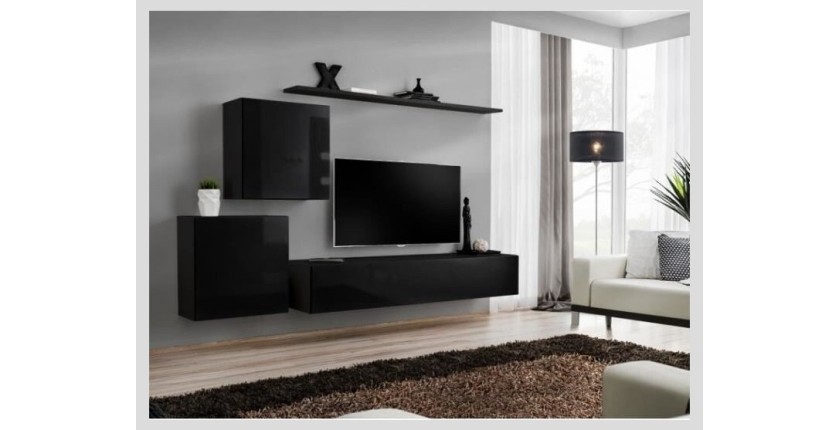 Ensemble meuble salon mural SWITCH V design, coloris noir brillant.