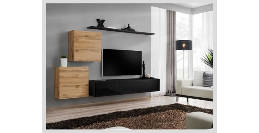 Ensemble meuble salon SWITCH V design, coloris noir brillant et chêne Wotan.