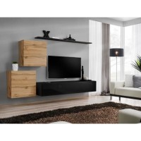 Ensemble meuble salon SWITCH V design, coloris noir brillant et chêne Wotan.