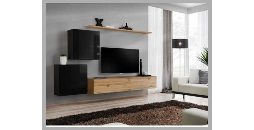 Ensemble meuble salon SWITCH V design, coloris chêne Wotan et noir brillant.