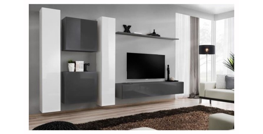 Ensemble meuble salon mural SWITCH VI design, coloris gris et blanc brillant.
