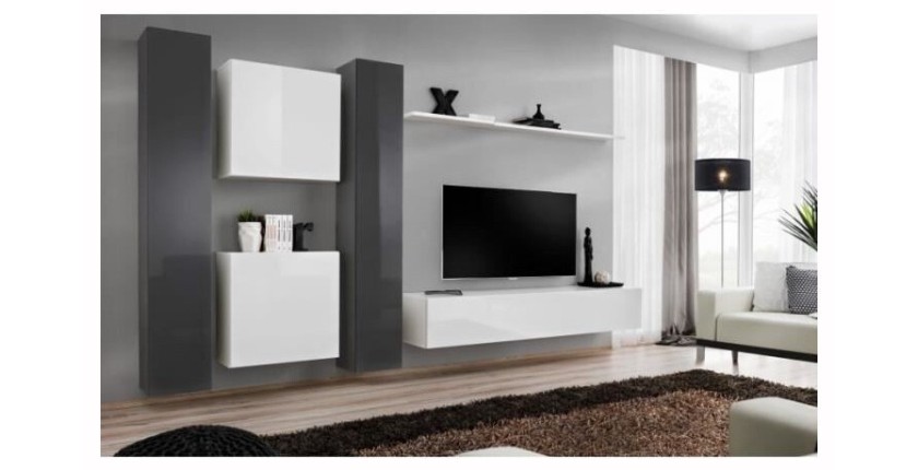 Ensemble meuble salon mural SWITCH VI design, coloris blanc et gris brillant.