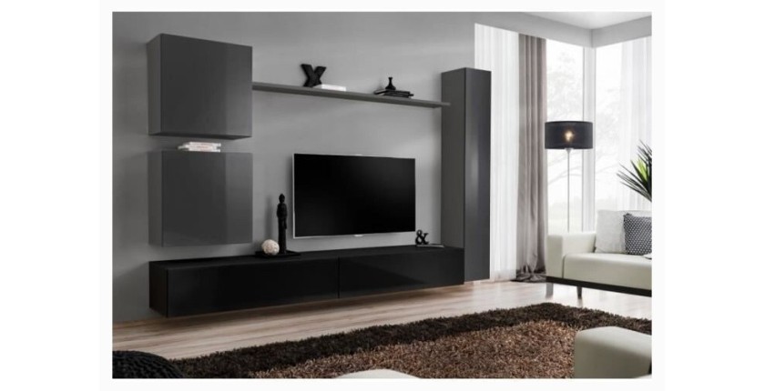 Ensemble de meuble pour salon mural SWITCH VIII. Meuble TV mural design, coloris noir et gris brillant.
