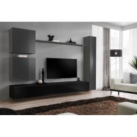 Ensemble de meuble pour salon mural SWITCH VIII. Meuble TV mural design, coloris noir et gris brillant.