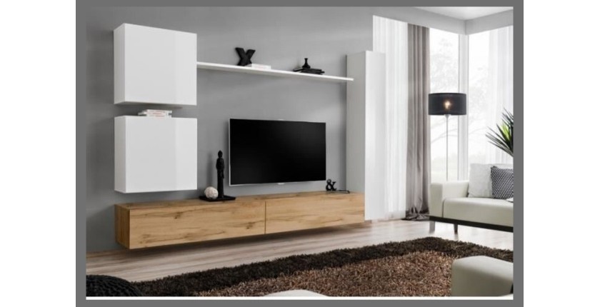 Ensemble meuble salon mural SWITCH VIII. Meuble TV mural design, coloris chêne Wotan et blanc brillant.
