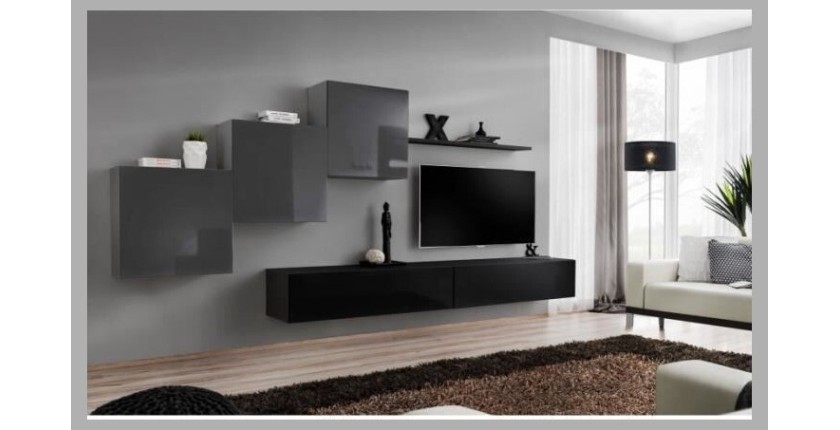 Ensemble meuble salon mural SWITCH X design, coloris noir et gris brillant.