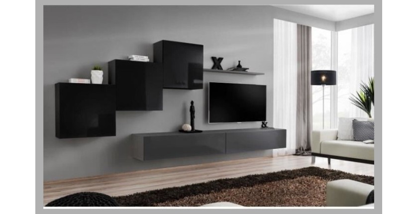 Ensemble meuble salon mural SWITCH X design, coloris gris et noir brillant.