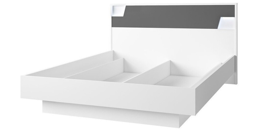 Lit 160X200 avec coffre de la collection FULMO. coloris blanc et finitions gris béton.