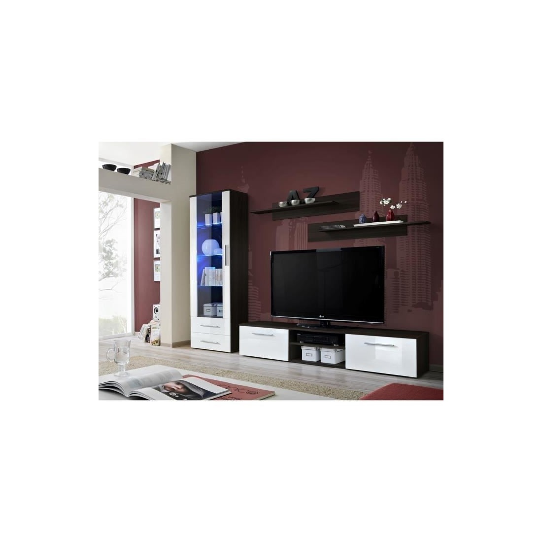 Meuble TV GALINO A design, coloris wengé et blanc brillant. Meuble moderne et tendance pour votre salon.