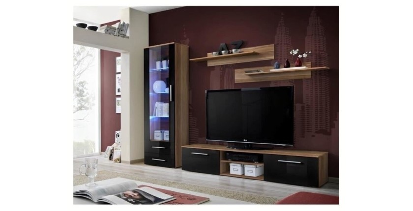 Meuble TV GALINO A design, coloris prunier et noir brillant. Meuble moderne et tendance pour votre salon.