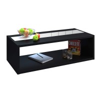 Table basse DANN style contemporain noir avec bandeau vitré - L 116 x l 51 cm