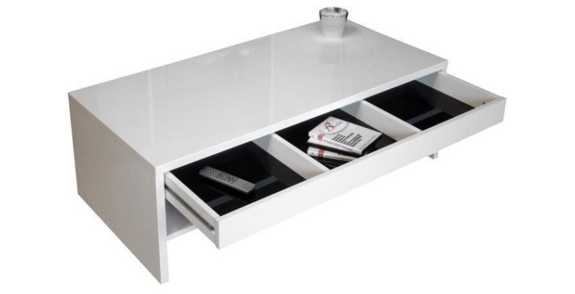 Table basse TRIGO avec tiroir coloris Blanc brillant - longeur 118 cm