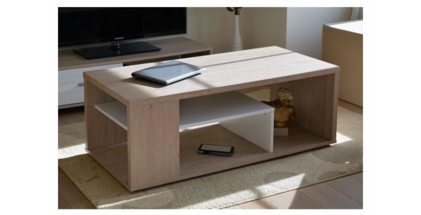 Table basse MELINA. Meuble moderne et tendance couleur chêne et blanc. Idéal pour votre salon. Fabrication française