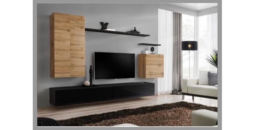 Ensemble de meubles de salon collection SWITCH II design, coloris chêne et noir brillant.