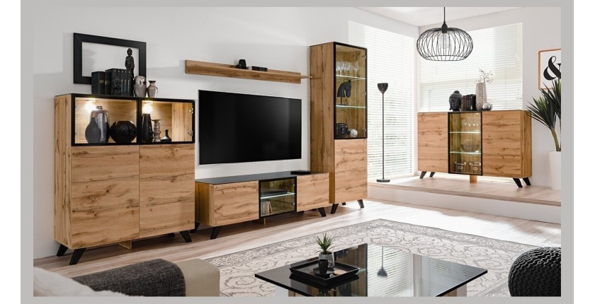 Meuble tv TINO. Idéal pour votre salon. Look tendance type industriel, bois, verre et métal.