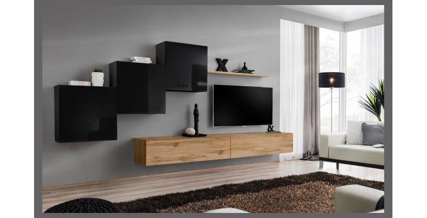 Ensemble meuble salon mural SWITCH X design, coloris chêne Wotan et noir brillant.