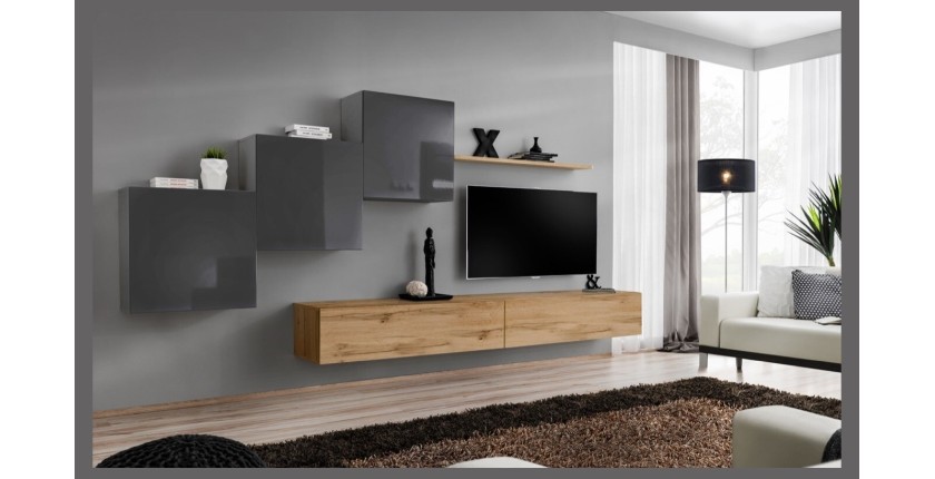Ensemble meuble salon mural SWITCH X design, coloris chêne Wotan et gris brillant.