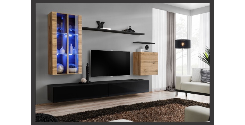 Ensemble meuble salon mural SWITCH XII design, coloris noir brillant et chêne Wotan.