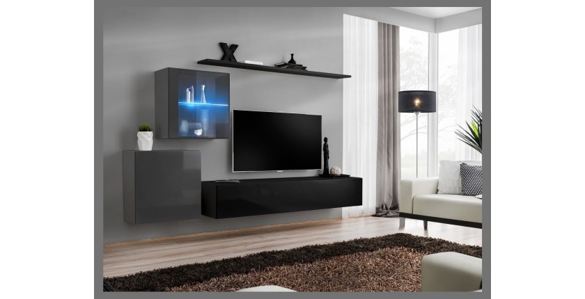 Ensemble meuble salon mural SWITCH XV design, coloris noir et gris brillant.