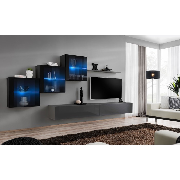 Ensemble meubles de salon SWITCH XX design, coloris gris et noir brillant.