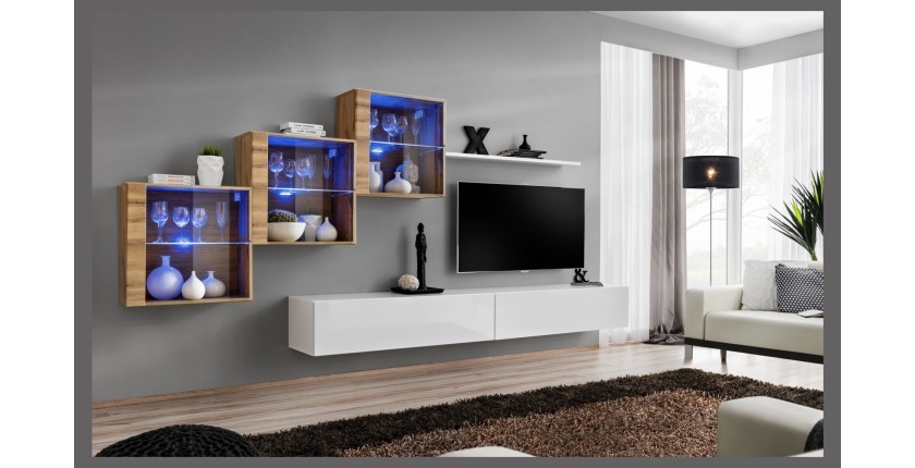 Ensemble meubles de salon SWITCH XX design, coloris blanc brillant et chêne Wotan.