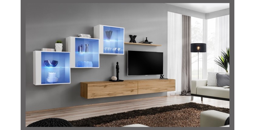Ensemble meubles de salon SWITCH XX design, coloris chêne Wotan et blanc brillant.
