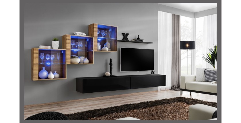 Ensemble meubles de salon SWITCH XX design, coloris noir brillant et chêne Wotan.