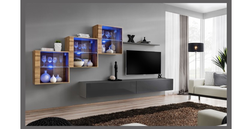 Ensemble meubles de salon SWITCH XX design, coloris gris brillant et chêne Wotan.