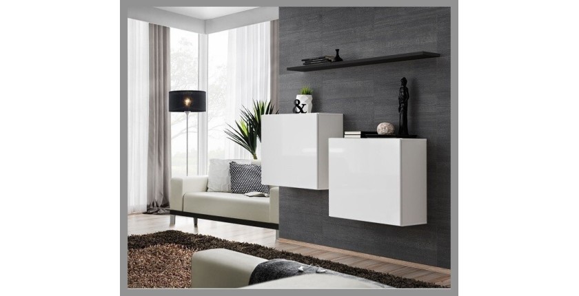 Ensemble meubles de salon SWITCH SBI design, coloris blanc brillant et étagère noir.