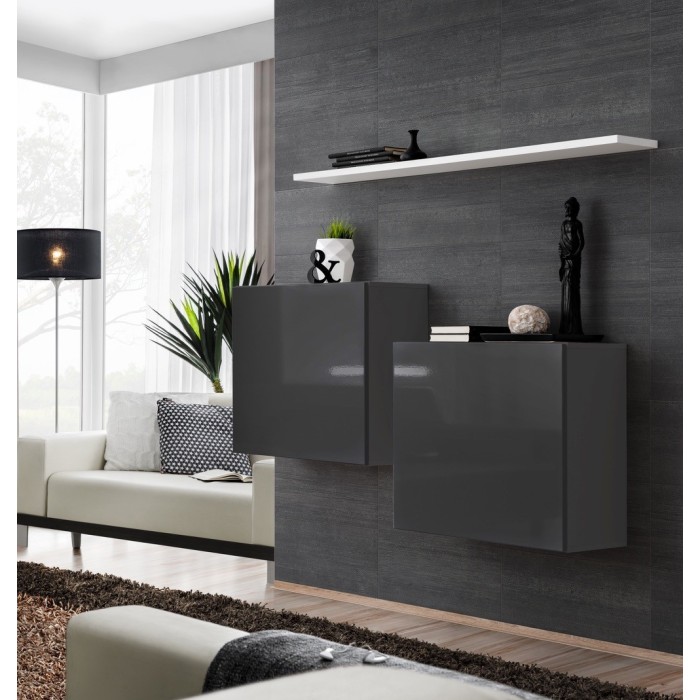 Ensemble meubles de salon SWITCH SBI design, coloris gris brillant et étagère blanche.