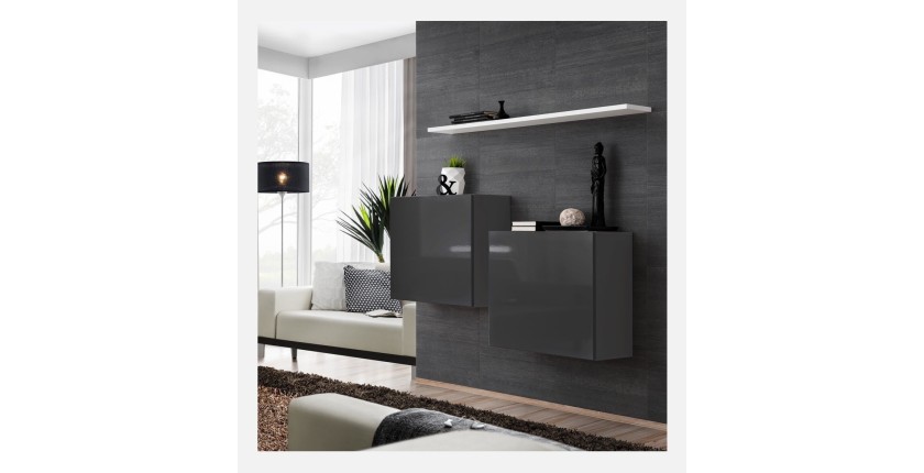 Ensemble meubles de salon SWITCH SBI design, coloris gris brillant et étagère blanche.