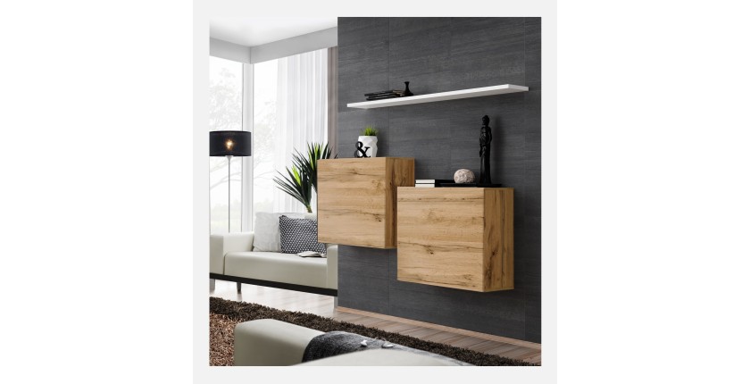 Ensemble meubles de salon SWITCH SBI design, coloris chêne Wotan et étagère blanche.