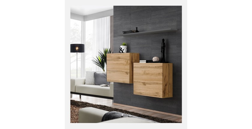 Ensemble meubles de salon SWITCH SBI design, coloris chêne Wotan et étagère grise.