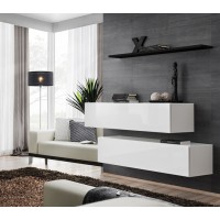 Ensemble meubles de salon SWITCH SBII design, coloris blanc brillant et étagère noire.