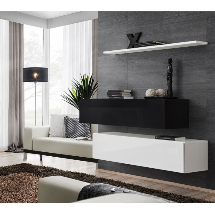 Ensemble meubles de salon SWITCH SBII design, coloris blanc et noir brillant.