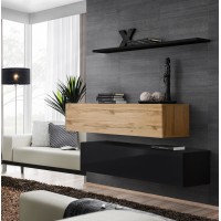 Ensemble meubles de salon SWITCH SBII design, coloris noir brillant et chêne Wotan.